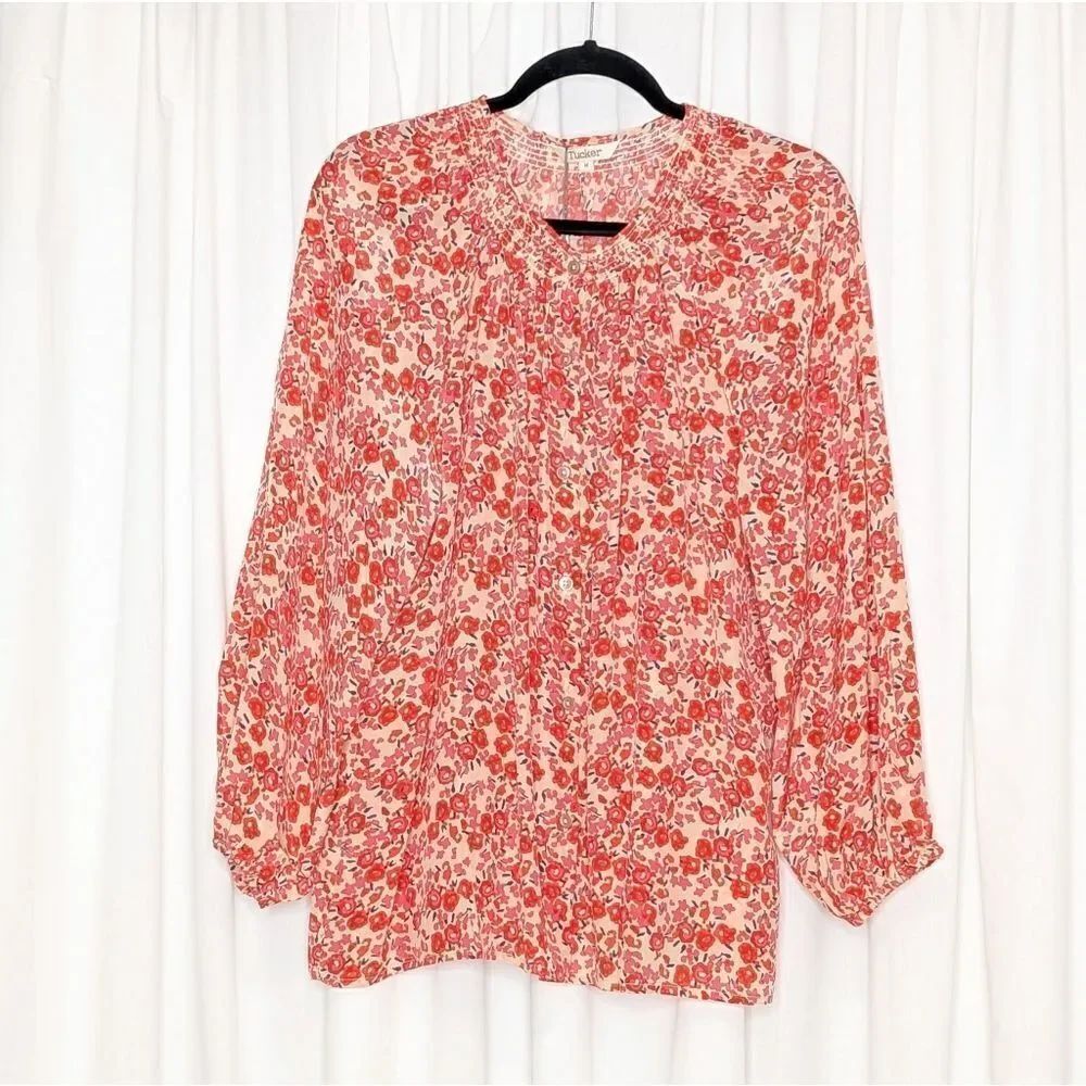 Tucker NYC Classic Blouse Red Sweet Pea in Crepe de Chine Silk Top Long Sleeves